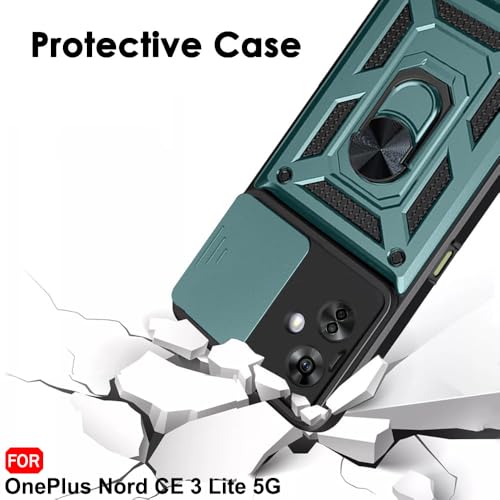 Image of TheGiftKart Tough Armor Bumper Back Cover Case for OnePlus Nord CE 3 Lite 5G | Ring Holder & Kickstand in-Built | 360 Degree Protection Back Cover Case (PC & TPU, Sliding Camera Cover, Green)