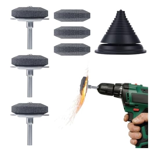 3pcs Lawn Mower Blade Sharpener Kit, Universal Metal Base Lawnmower Blade Sharpener with Sharpening Stone Replacement & Balancer Garden Tool for Power/Hand Drills