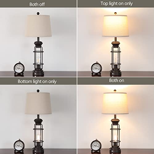 Table Lamp Set Of 2 With Usb Ports, 29.3" Tall Farmhouse Table Lamp With 2 Nightlight Bulbs, Oil Rubbed Bronze Bedside Lamp With White Oatmeal Lampshade For Living Room Bedroom ,Bulbs Included #TOP3