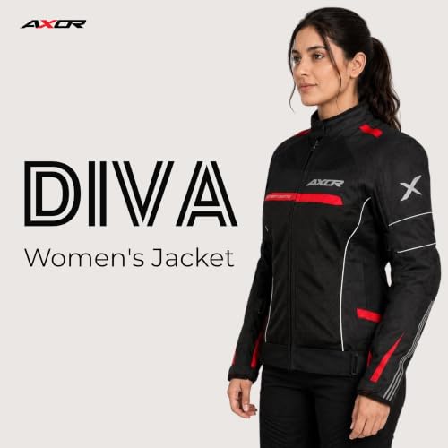 Image of Axor Divazz Women Motorcycle Riding Jacket, CE Armour Protective Bike Jacket, All-Weather Touring Riding Gear with Ventilation Panels, Black Red, L