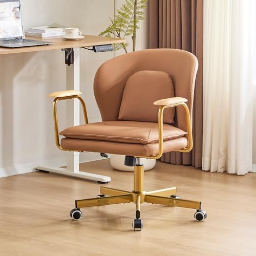 Furniliving Leather Office Chairs, Gold Office Chair, Adjustable Swivel Computer Chair with Golden Legs and Wooden Padded Armrest, Modern Upholstered Task Chair with Wheels,Brown