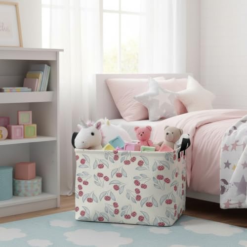 Image of Large Baby Cherry Basket Collapsible Kids Toy Storage Bin Gift Box Nursery Room Decor (Blue Leaf Circle Dot Cherry)
