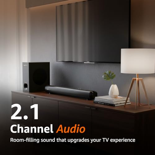 Image of amazon basics 90W Soundbar with Wired Subwoofer | 2.1 Channel Home Theatre|Bluetooth 5.3, HDMI ARC, USB, AUX | Deep Bass Subwoofer | Remote Control | Soundbar for Smart TVs, Gaming & Music (Black)