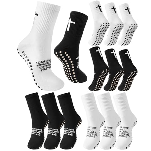 6 Pairs Cross Grip Soccer Socks Anti Slip with Bible Verse Religious Jesus Socks with Rubber Dots for Yoga Football