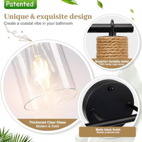 Image of MOKATNG Bathroom Light Fixtures, 2-Light Farmhouse Vanity Lights with Hemp Rope, Black Bathroom Wall Lamp for Mirror Kitchen Hallway Cabinet