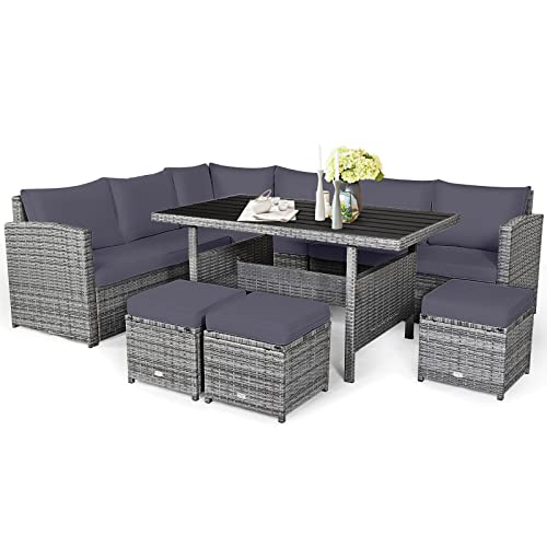 Tangkula 7 Pieces Patio Furniture Set, Outdoor Sectional Rattan Sofa Set with Cushions, All Weather Wicker Conversation Couch Set w/Dining Table & Ottomans for Backyard Garden Poolside