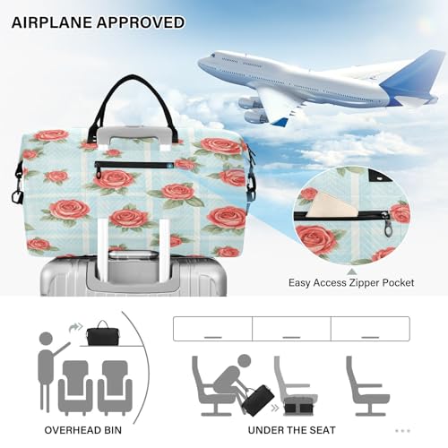 Large Foldable Travel Duffel Bag, Waterproof Gym Bag for Men & Women, Carry-On Luggage Weekender Overnight Bag, Rose Plaid Blue 5