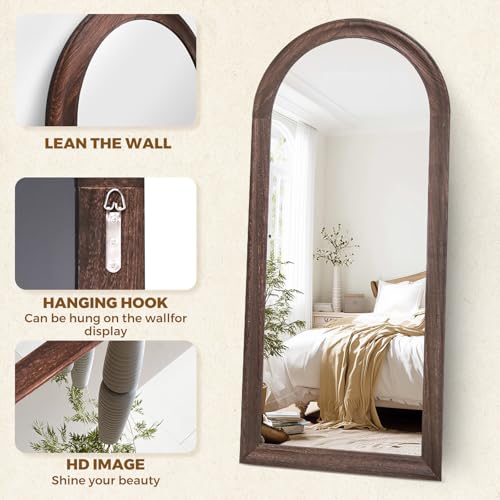 Image of 71x32 Solid Wood Arched Full Length Mirror, Elegant Brown Finish