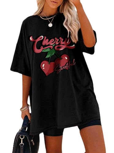 Image of Remidoo Women's Short Sleeve Oversized T Shirt Cherry Print Graphic Tee Crewneck Casual Top Black Large