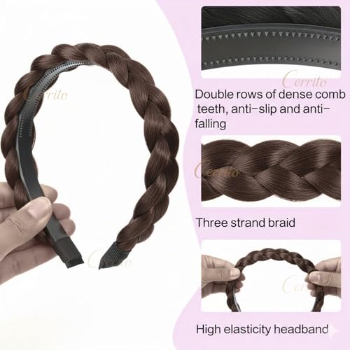 Image of Cerrito Synthetic Braided Hair Headband Set of 2 | Plaited Wig Band with Teeth Hairband For Woman | Elastic Headband For Extension, Ponytails, Bun & Juda | Hair Accessories for Women & Girls (Brown)