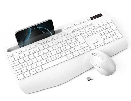 Wireless Keyboard and Mouse Combo Full-Size Ergonomic Keyboard with Wrist Rest Phone Holder Sleep Mode Silent 2.4GHz Cordless Set for Computer Laptop PC Mac Windows - KM23 (White)