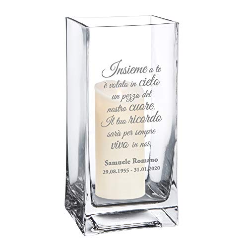 Casa Vivente Vaso da Fiori in Vetro con Incisione per Defunti Personalizzabile con Nome e Data, Ricordo Sempre Vivo, Articoli Funerari, Accessori Cimiteriali