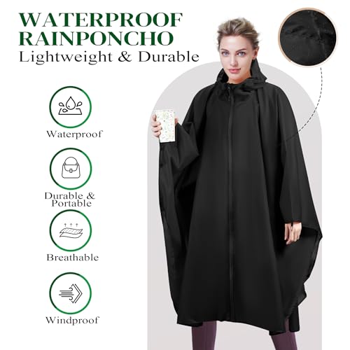 Sensong Regenponcho für Damen, Größere Größe Unisex Regenjacken Regencape, Wasserdicht mit Kapuze und Reißverschluss Wiederverwendbar Regenmantel für Wandern Camping Radfahren Reisen Schwarz