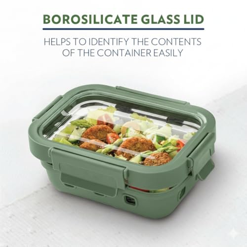 Image of Griplok Glass Lunch Box with Leakproof Lid, Borosilicate Food Storage Container with Silicone Sleeve, Airtight, Microwave /Dishwasher Safe (Forest Green, 1x370ml + 1x640ml + 1x1050ml)