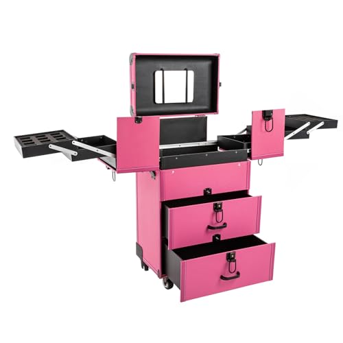 AOOCHU Rolling Makeup Case Salon Barber Case Professional Cosmetic Trolley Large Storage With Keys Universal Wheels Make Up Cosmetic Orgainzer Zinc Alloy Makeup Travel Organizer Cosmetic Case (Rose)