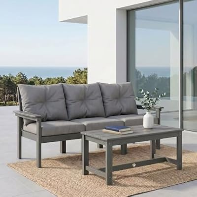 Tobeos HDPE 4 Piece Patio Furniture Set, All-Weather Outdoor Couch with Thick Cushions & Coffee Table, Patio Conversation Sets for Lawn, Garden, Porch, Balcony, Deck, Poolside, Grey Frame Grey Cushion