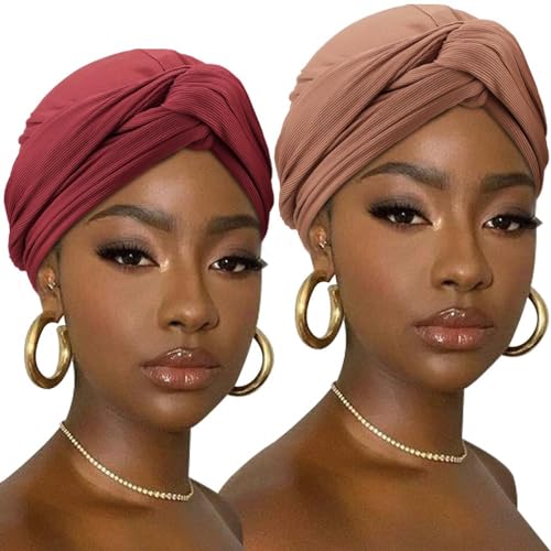 Image of DRESHOW African Turban for Women Knotted Hairwraps for Sleeping Headwraps Ribbed Turban Stretch Jersey Head Scarf for Black Women Chemo Cancer Cap