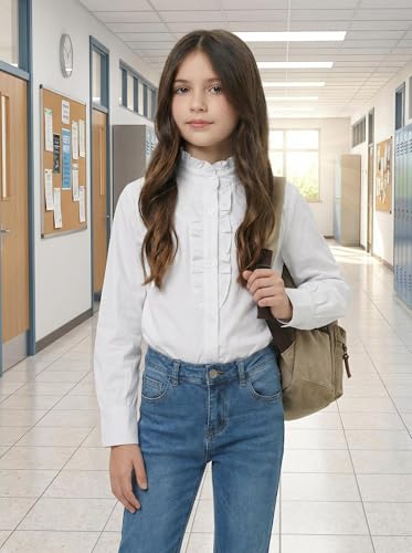 Image of Girls Button Down Shirt Puff Sleeves Blouse Summer Cute Top Doll Collar School Uniform, 4-13Y