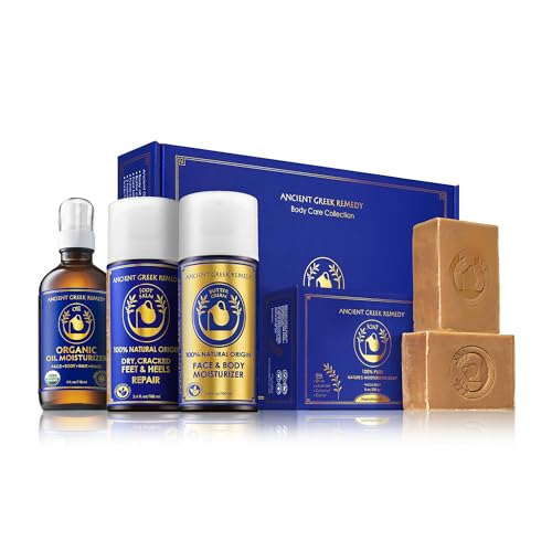 Ancient Greek Remedy Organic Spa Gift Set - Body Oil, Face Moisturizer, Foot Balm & 2 Soap Bars - Lavender Scented Skin Care Gift Basket for Women - Perfect for Christmas, Birthdays & Self Care