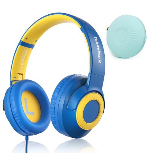 TONOSHARK Kids Wired Headphones with Microphone, Volume Limited to 85/94dB, Foldable 3.5mm Jack Headset for Girls, Pink Over-Ear Headphones for School, Study & Travel, Includes Carry Case（Bl