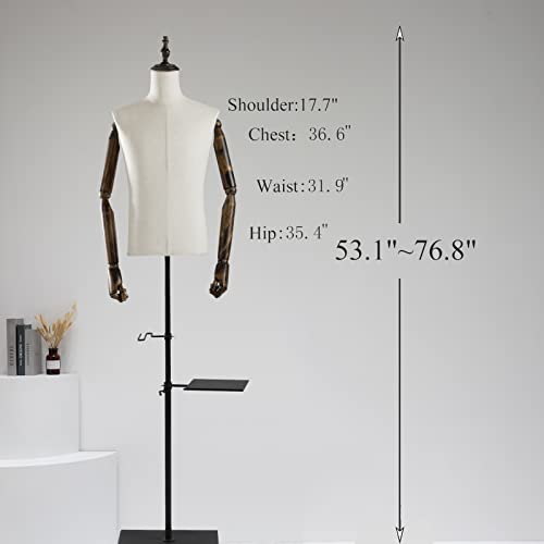 53-76Inch Male Mannequin Torso With Wooden Arms Metal Stand, Height Adjustable Dress Form Male With Detachable Trousers Rack And Shoe Holder, Pinnable Torso Display For Clothing Retail Sewing Shop #TOP1
