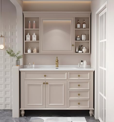 40" Freestanding Bathroom Vanity With Sink,Pure White Ceramic Countertops & Open Mirror Cabinet,2 Soft Closing Doors and 4 dovetail Drawers Bathroom Cabinet/Simple and Light Luxury Style,Pinky White