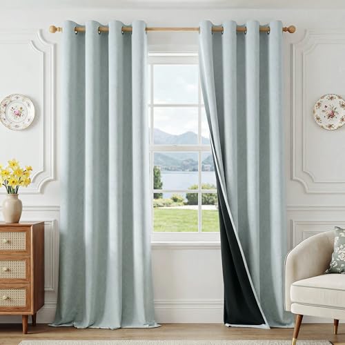 Image of FMFUNCTEX 100% Blackout Curtains for Bedroom, Mistleaf Curtains 63 Inches Long Textured Thermal Insulated Curtains for Living Room Drapes, Black Out Drapery Grommet Room Darkening 2 Panels