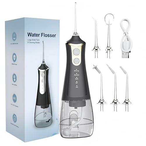 Luxecare Luxe Water Flosser for Teeth Cordless, 300ml Tank Rechargeable Water Dental Flosser Remover with 5 Jet Tip and 3 Modes, Electric Tooth Flosser Ideal for Braces, Implants & Gum Care (Black)