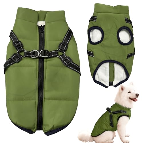 Dog Coat Waterproof with Harness, Winter Warm Fleece Jacket for Medium Large Dogs, Reflective Windproof Puppy Snowsuit(Army Green-XL)
