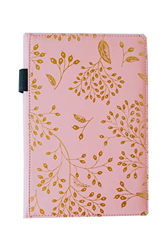 EJRange Carnet A5 ligné en cuir PU avec couverture facile à nettoyer, toucher doux, ruban, ligné, 192 pages, motif feuilles dorées (rose) Cover