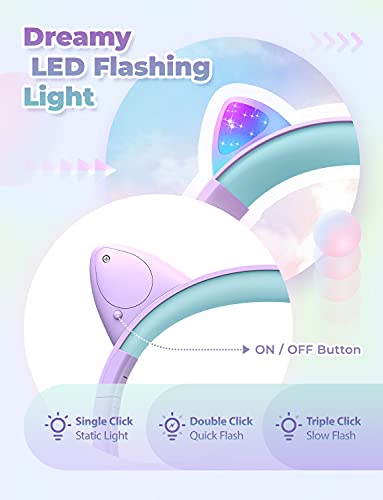 Image of iClever Kids Headphones for Girls Gift Over Ear Headphones, Wired Cat Ear Led Light Up Children Headphone, 85dB Volume Limited Foldable Earphones for Kids School, Travel, Music