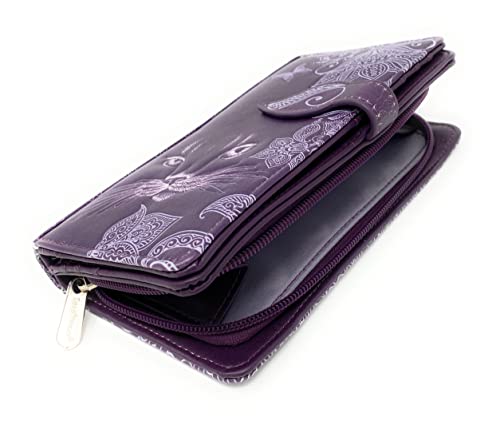 Shag Wear Shadow Cat Large Wallet for Women and Teen Girls Vegan Faux Leather Purple 7"4
