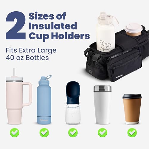 Image of rubyloo Dog Stroller Caddy Organizer with Poop Bag Dispenser, Treat Pocket, Water Bowl - Dog Stroller Accessories with Insulated Cup Holders, Pet Storage & Non-Slip Fit for 14 inch-19 inch Wide Handlebars