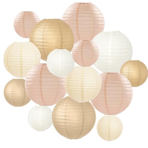 Image of KAXIXI 15-Pack Boho Paper Lanterns, Champagne Gold and Beige Hanging Decor
