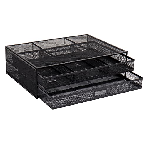 Mind Reader 2TDMESHY-BLK Metal Monitor Stand Riser with 2 Drawers, Desk Organizer, Holds PC, Laptop, Notebook, Printer and More, Black