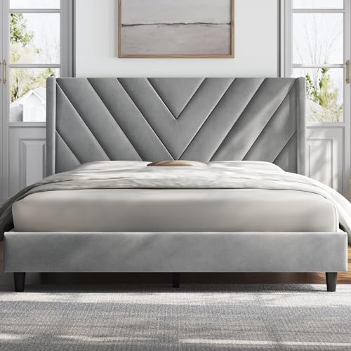 Yaheetech Queen Bed Frame Upholstered Platform Bed with Wing Side/Wooden Slat Support/Tufted Headboard with Wing Side/Mattress Foundation/No Box Spring Needed,Light Gray Queen Bed