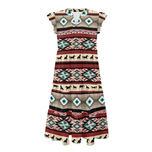 Image of Women's Casual Ruffle Sleeve Dress V Neck Pullover Dress Flowy A-Line Pleated Lightweight Dress with Pockets