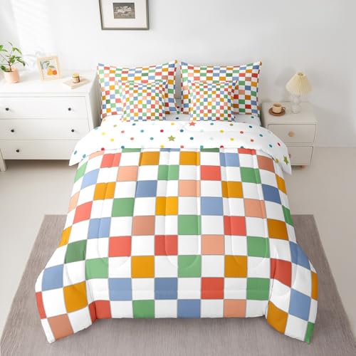 Image of Erosebridal Retro Checkered 7 Piece Bed in A Bag with Sheets Queen Vintage 60S 70S Funky Geometric Plaid Bedding Set Retro Checkerboard Grid Comforter Set for Kids Adults Groovy Aesthetic Bed Set