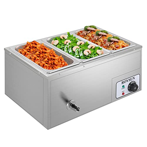 Rovsun 21Qt Electric Commercial Food Warmer, 3-Pan Steam Table 6.9 Qt/Pan Stainless Steel Bain Marie Buffet Countertop With Temperature Control & Lid For Parties, Catering, Restaurants 110V #TOP7