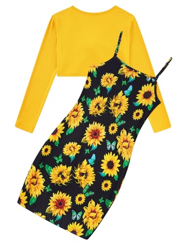 Girls 2 Piece Outfits Adjustable Shoulder Strap Cami Dress with Long Sleeve Cardigan Set for 5-14 Years2