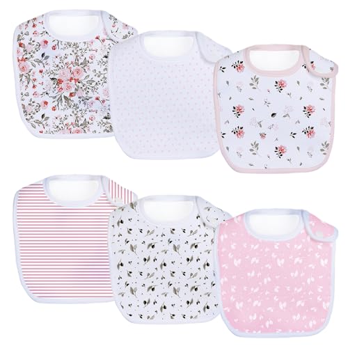 lazyrhino Baby Bibs - 6 Pack Waterproof Cotton Bibs with Snap, Soft and Thick Absorbent Drooling, Teething Bibs for Easy Use (pink-f)
