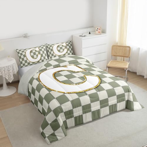 Image of Erosebridal Sage Green Checkered Kids Comforter Sets Plaid Initial C Toddler Bedding Set for Adults Personalized Monogram Comforter Set,Fashion Grids Gingham Quilt Duvet 2 Pcs