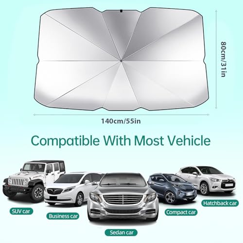Sonnenschutz Auto Frontscheibe 140 * 80cm, Frontscheibenabdeckung Innen, Hitzeschutz Auto Sonnenschirm Geeignet, Sonnenschutz Frontscheibe Faltbar für die meisten Fahrzeuge SUV