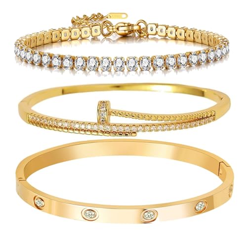 18K Gold Plated Tennis Bracelet Love Bangle Set for Women Stack Bracelets Stainless Steel Bangle Set for Love Trendy Jewelry Gifts for Women