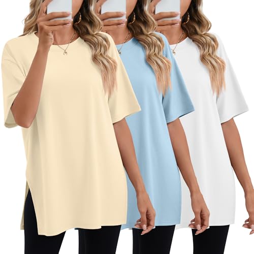 Huukeay 3 Pack Women's Oversized Gym T Shirts Cotton Short Sleeve Side Split Crewneck Tops Casual Workout Baggy Basic Tee