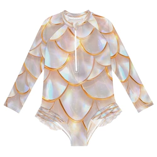Toddler Girl Long Sleeve Ruffle Swimsuit One Piece Zipper Rash Guard Bathing Suit with UPF 50+ Platinum Dragon Scales