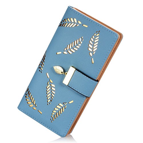 Carteras para Mujer, TMEOG Mujer Hoja Bifold Cartera de Cuero Titular de la Tarjeta de Monedero de Cremallera Hebilla Elegante Cartera de Embrague (L_Azul)