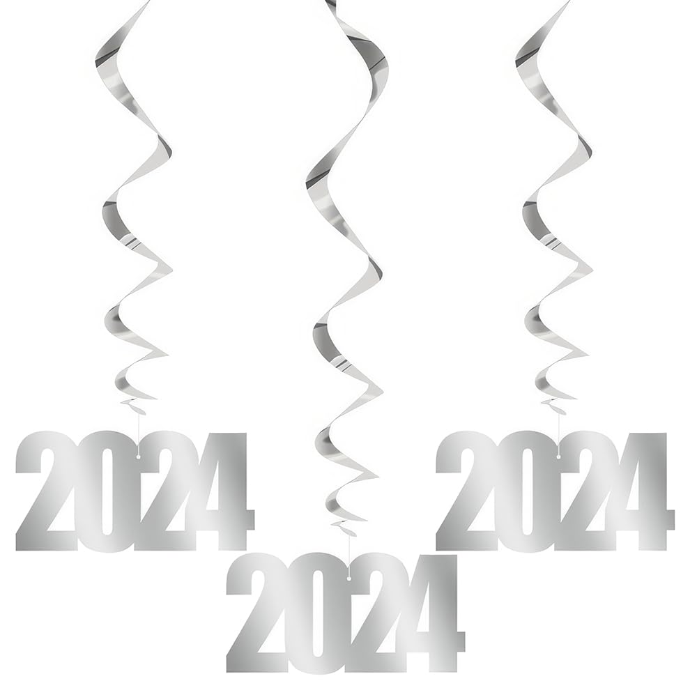 Hängende Folie '2024' In Silber – 3 Große Wirbel, Schillernde Party-Deko Für Silvester & Feste
