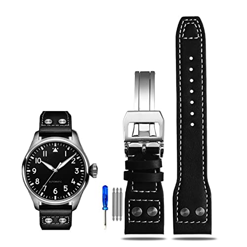 Bracelet de montre en cuir souple et confortable noir 22 mm rivets