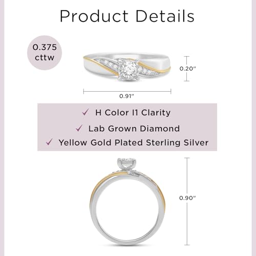 Jewelili Lab Grown Diamond Solitaire Engagement Ring for Women | Yellow Gold Plated Sterling Silver Band | Round H Color I1 Clarity 3/8 CTTW | Luxury Wedding & Bridal Jewelry for Her | Size 6, 7 & 8 | Jewelry Gift Box Included4